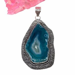 Teal Botswana Agate Window Druzy Necklace Pendant 925 Sterling Silver Overlay